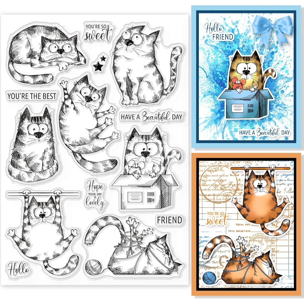 Clear Silicone Stamps For Card Making - 8.3x5.8in แมวล้างแสตมป์แมวน่ารักซิลิโคนแสตมป์ Wish Words ยางโปร่งใสซีลยางแสตมป์สําหรับทําบัตร DIY