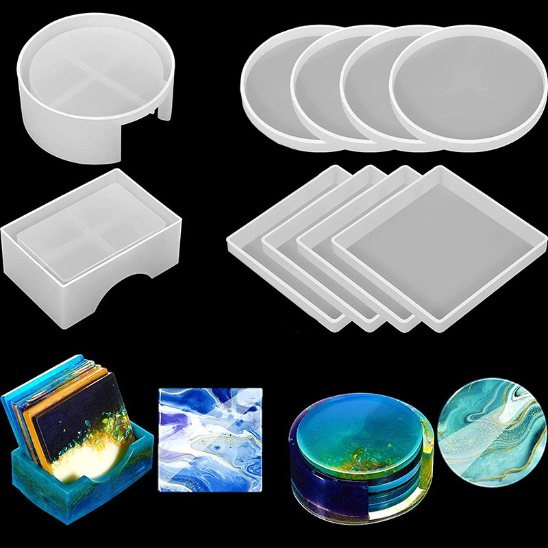 Silicone Epoxy Resin Molds Set - แม่พิมพ์ซิลิโคนสำหรับทำที่รองแก้วเรซิ่นอีพ็อกซี่แบบ DIY ชุด 5 ชิ้น รวมถึงแม่พิมพ์ซิลิโคนรูปทรงกลมและสี่เหลี่ยม
