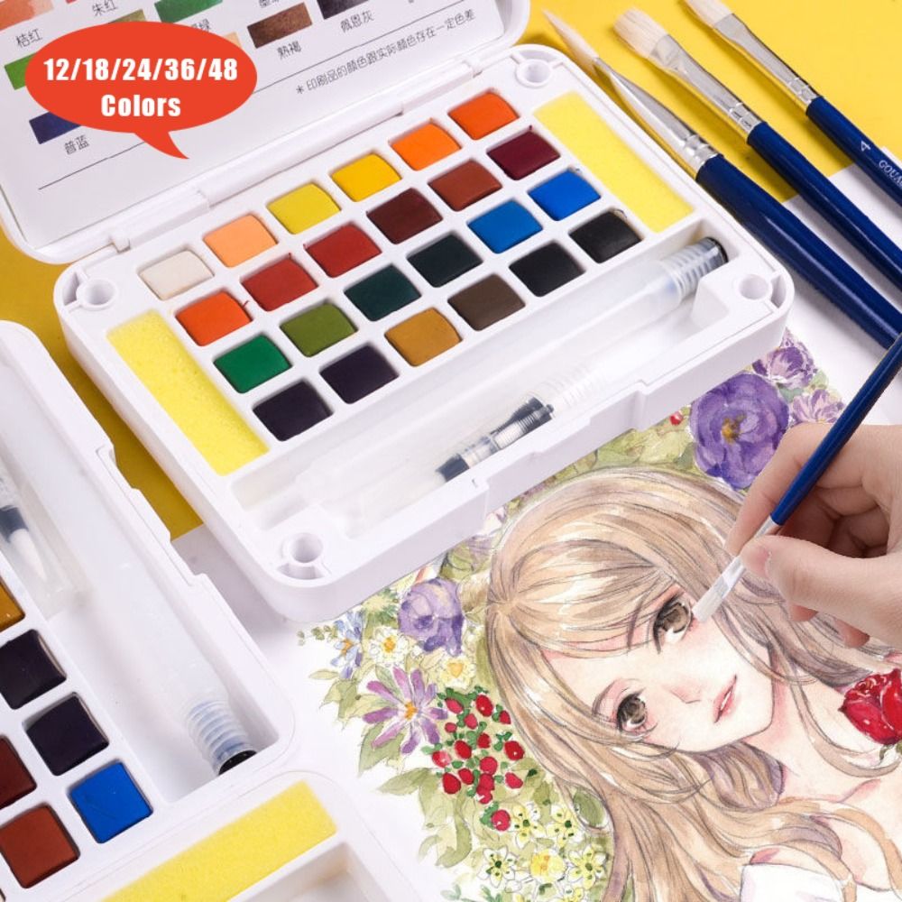 Watercolor Paint Set Solid Pigment - ชุดสีน้ำแบบมืออาชีพ พร้อมพู่กันน้ำ ชุดสีน้ำมัน 12/18/24/36/48 สี ชุดสีสำหรับวาดภาพ