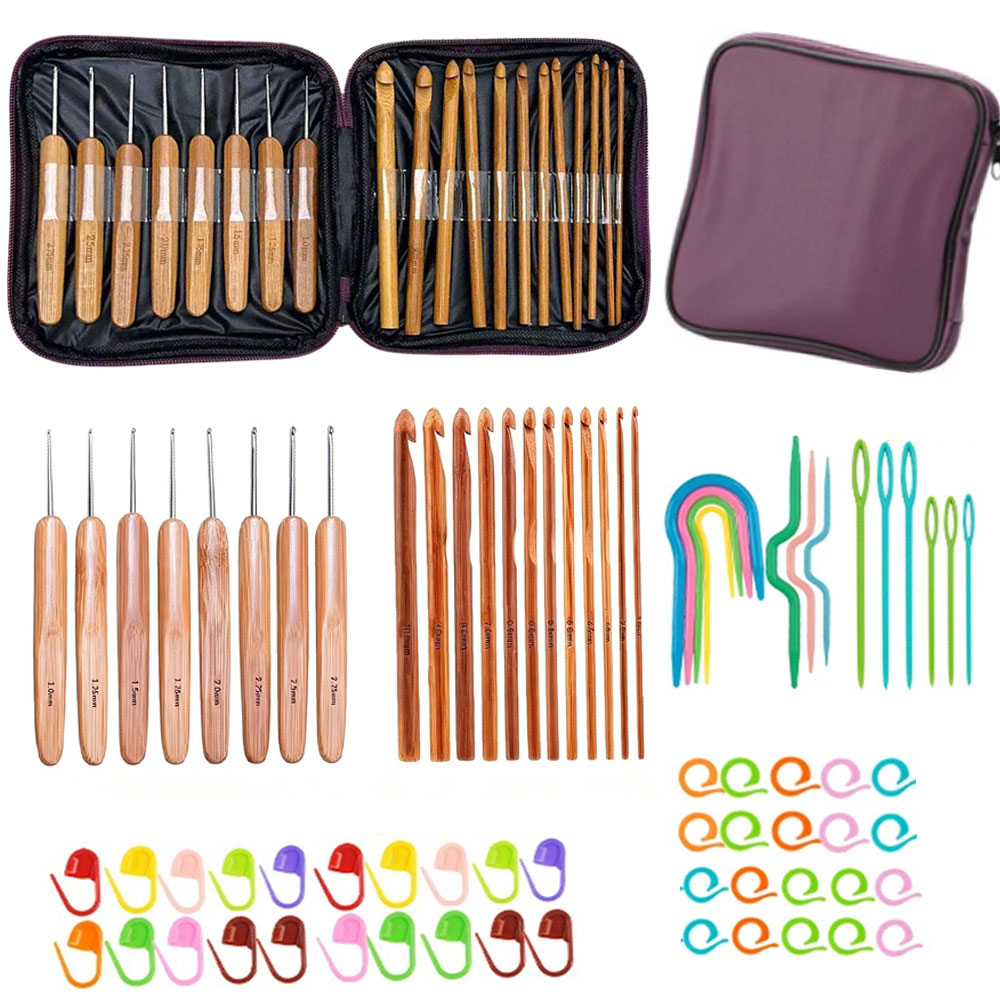 Craft Tools - ชุดเข็มโครเชต์ไม้ไผ่ 74 ชิ้น พร้อมอุปกรณ์ถักไหมพรม เย็บปักถักร้อย พร้อมกระเป๋าเก็บแบบพกพา