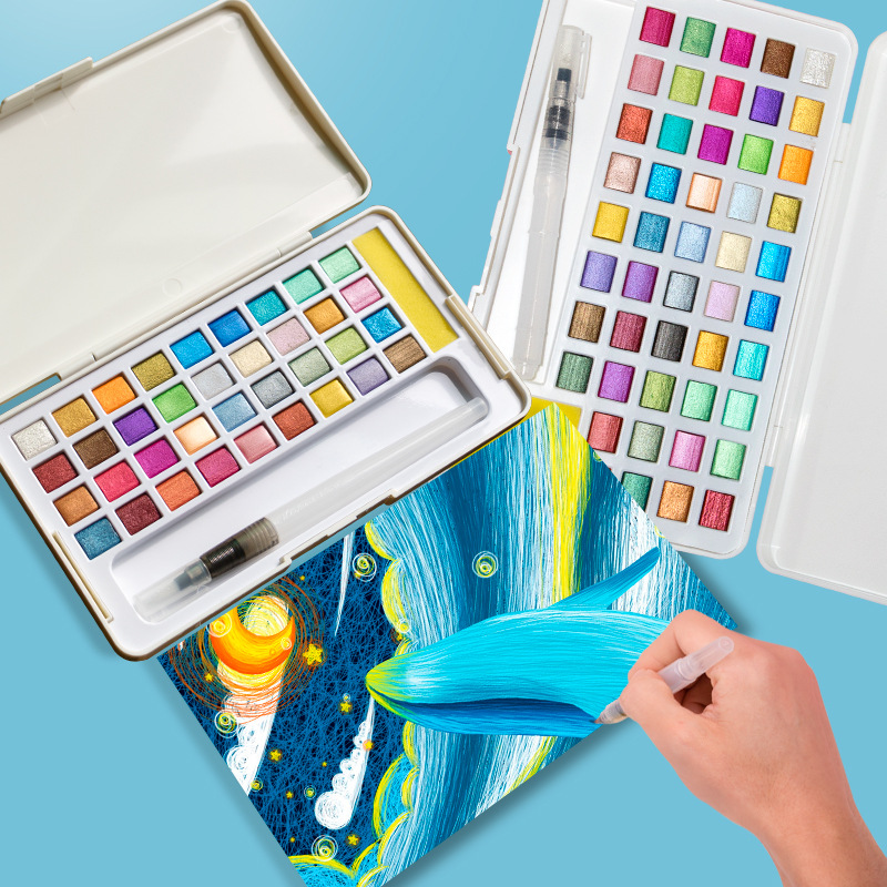 Watercolor Paint Set Solid Pigment - ชุดสีน้ำแบบแข็ง ผงสีน้ำแบบกลิตเตอร์สำหรับวาดภาพ อุปกรณ์สีสำหรับงานศิลปะ ออกแบบเล็บ