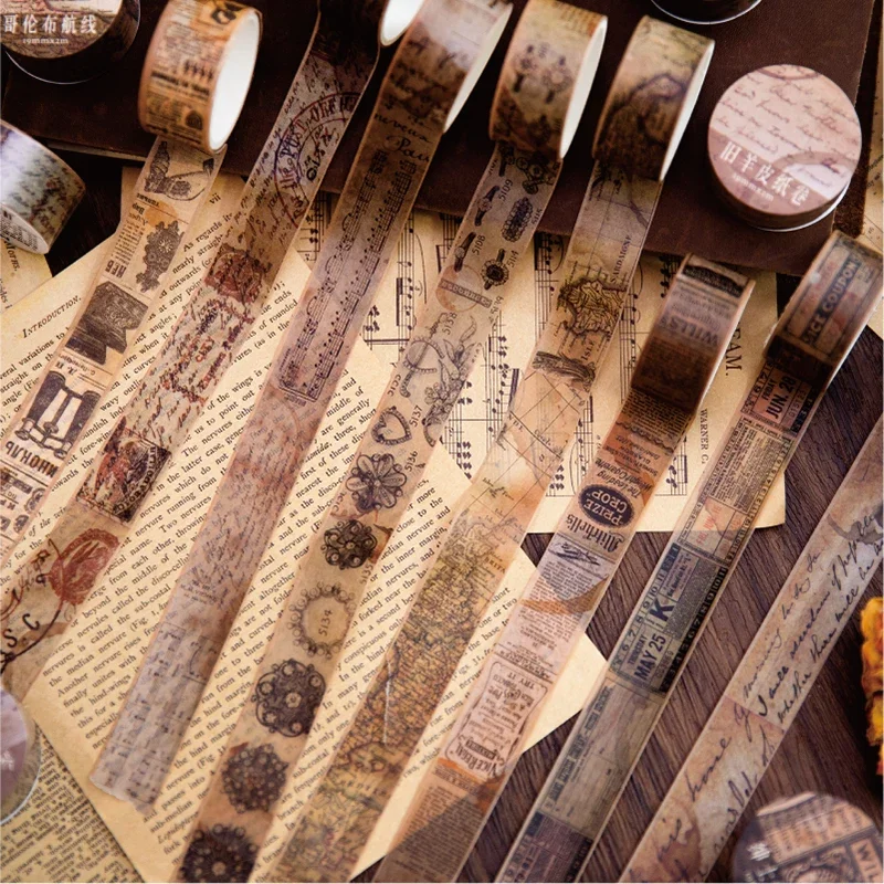 Vintage Junk Journal Scrapbooking Paper - เทปกาวกระดาษ Washi แนววินเทจขนาด18.5มม. * 2ม. สมุดติดรูปแบบทำมือเครื่องเขียนสร้างสรรค์ตกแต่งไดอารี่ทำเครื่องหมายเทปกาว