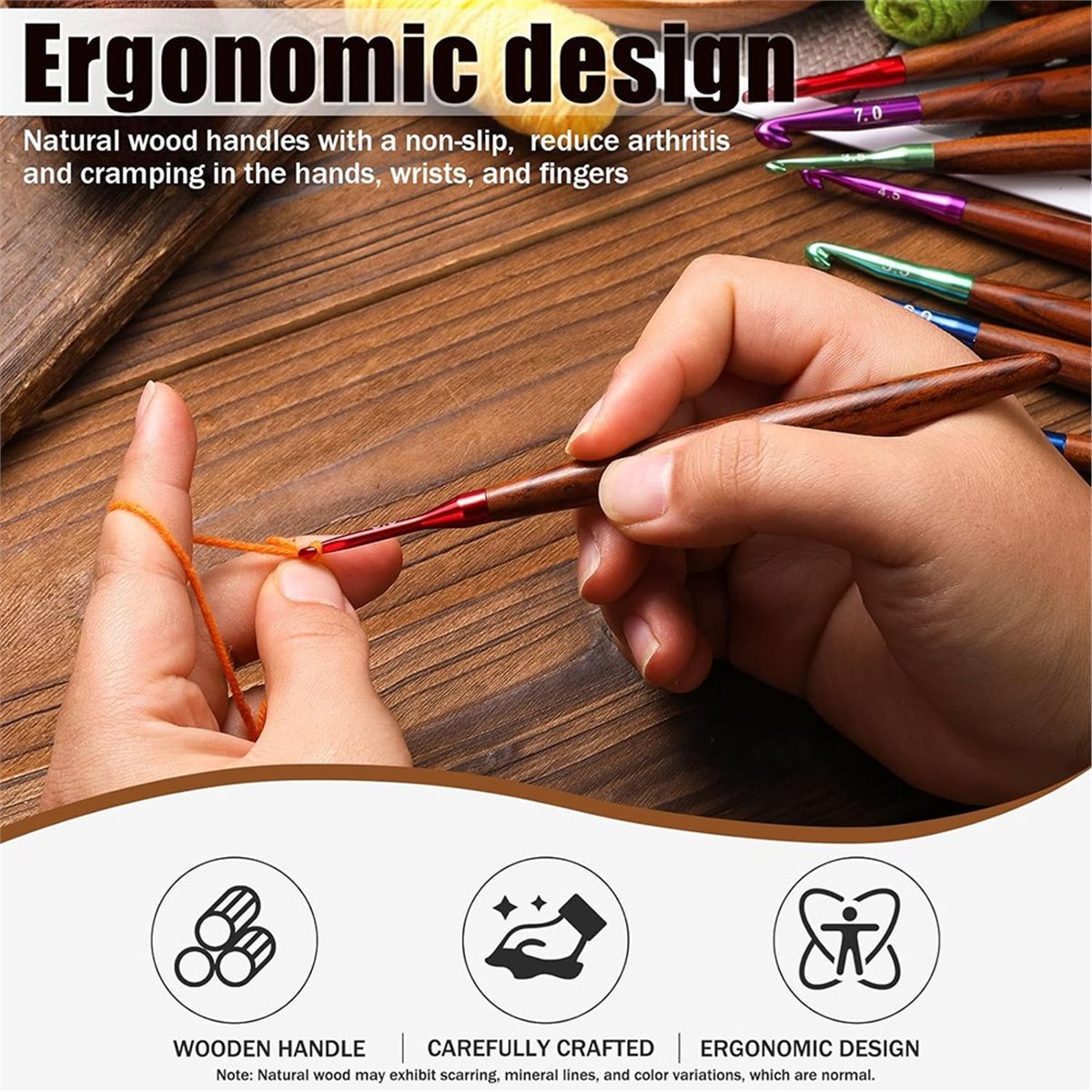 Wooden Crochet Hooks Ergonomic Handle - ชุดเข็มโครเชต์ใหม่ปี 2026, เข็มโครเชต์ด้ามไม้ตามหลักสรีรศาสตร์สำหรับผู้ที่มีอาการปวดข้อมือจากโรคข้ออักเสบ, ชุด 5 ชิ้น