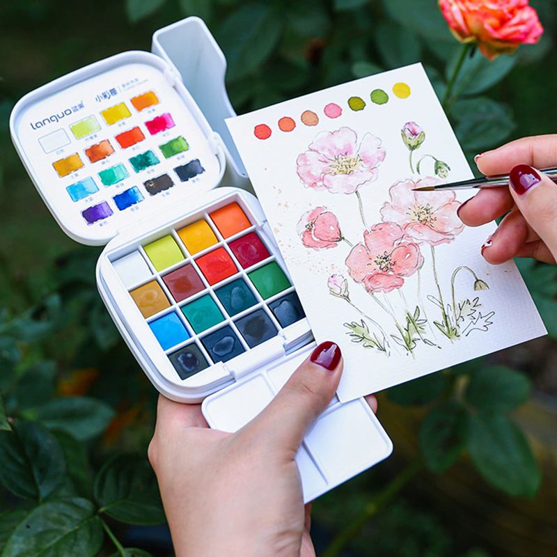Watercolor Paint Set Solid Pigment - ชุดสีน้ำ LANGUO 16 สี พร้อมกล่องพกพา ปากกาพู่กันน้ำ