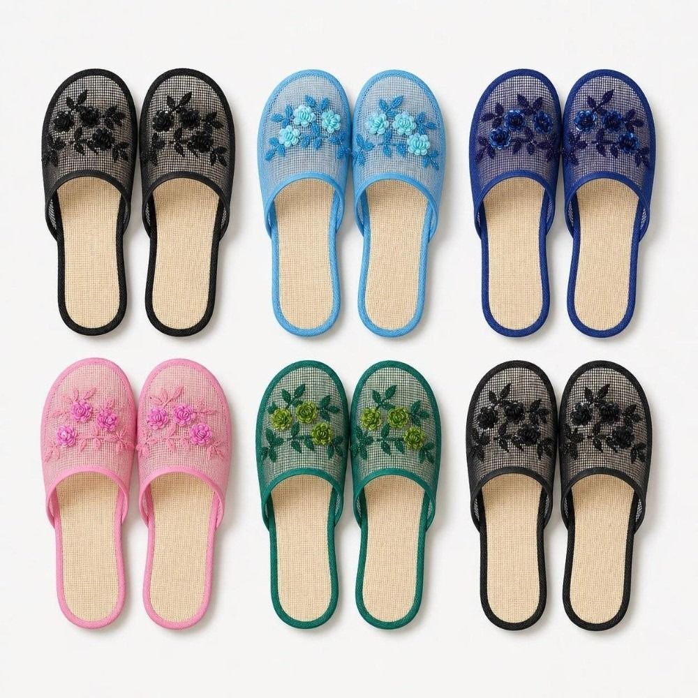 Embroidery - รองเท้าแตะตาข่ายปักลายดอกไม้แบบสบาย ๆ พื้นนุ่ม ระบายอากาศได้ดี รองเท้าแตะแบบสวมปิดหัวเท้ากันลื่นสำหรับผู้หญิง