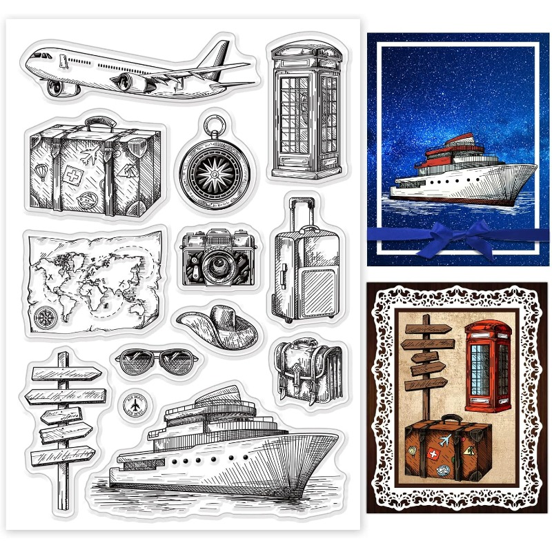 Clear Silicone Stamps For Card Making - Travel ซิลิโคนล้างแสตมป์เครื่องบินแผนที่ซิลิโคนแสตมป์กล้องเรือแสตมป์ยางสําหรับสมุดภาพสมุดบันทึกการ์ดทํา