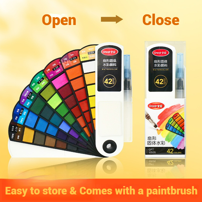 Watercolor Paint Set Solid Pigment - ชุดสีน้ำแบบแข็ง 18/24/42/60 สี พร้อมพู่กันน้ำแบบพับได้สำหรับพกพา อุปกรณ์วาดภาพรูปพัดสำหรับงานศิลปะโดยเฉพาะ