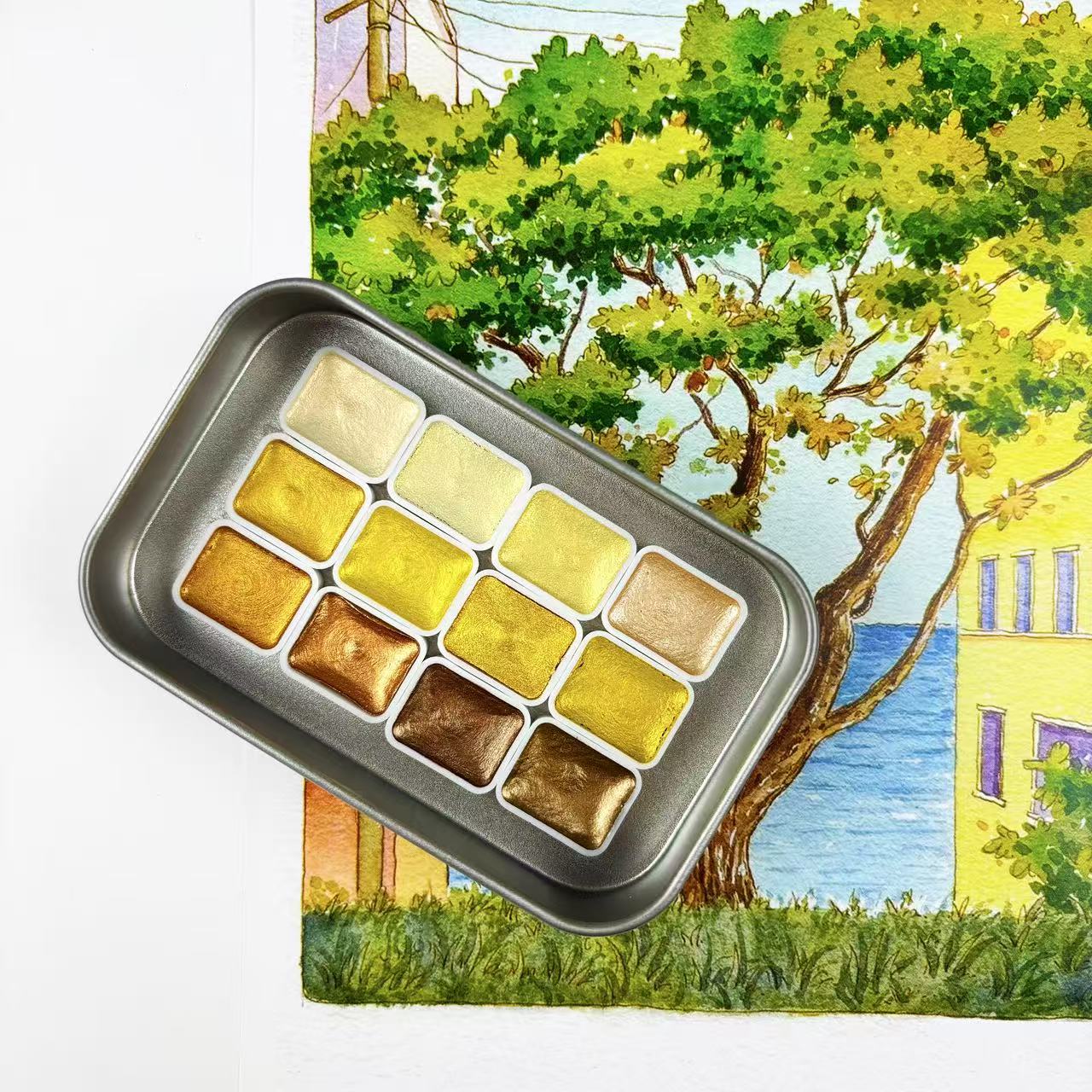 Watercolor Paint Set Solid Pigment - ชุดสีน้ำระดับมืออาชีพที่สมบูรณ์แบบพร้อมสีน้ำมุกทองคำแข็ง 12 สี ออกแบบมาสำหรับงานศิลปะ พิเศษ